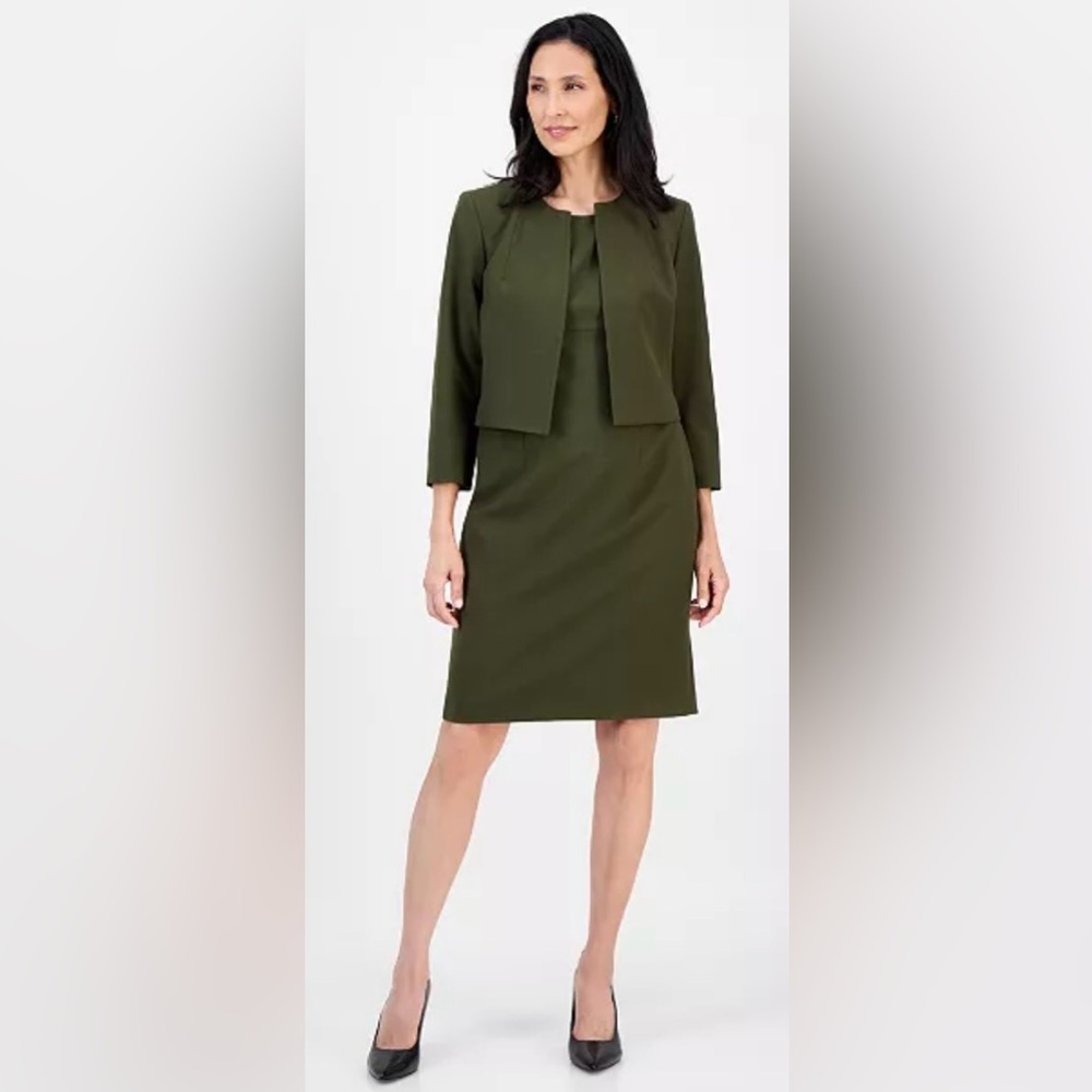 Women's Open-Front Collarless Jacket and Sheath Dress Suit Set, Hunter Green-4P